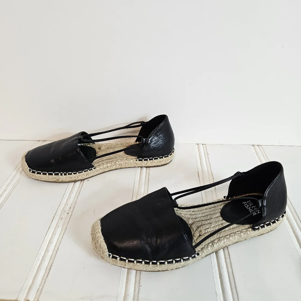 Eileen Fisher Wali Black Leather Espadrilles Women’s 6.5 Slip On Flat Loafers